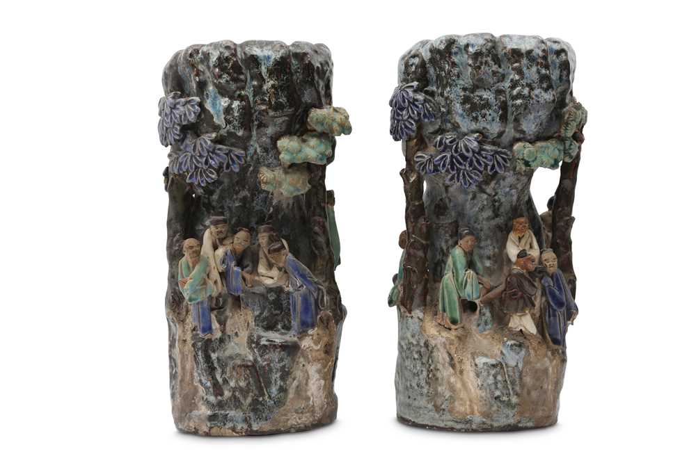 Lot 400 - A PAIR OF CHINESE SHIWAN FIGURATIVE VASES.