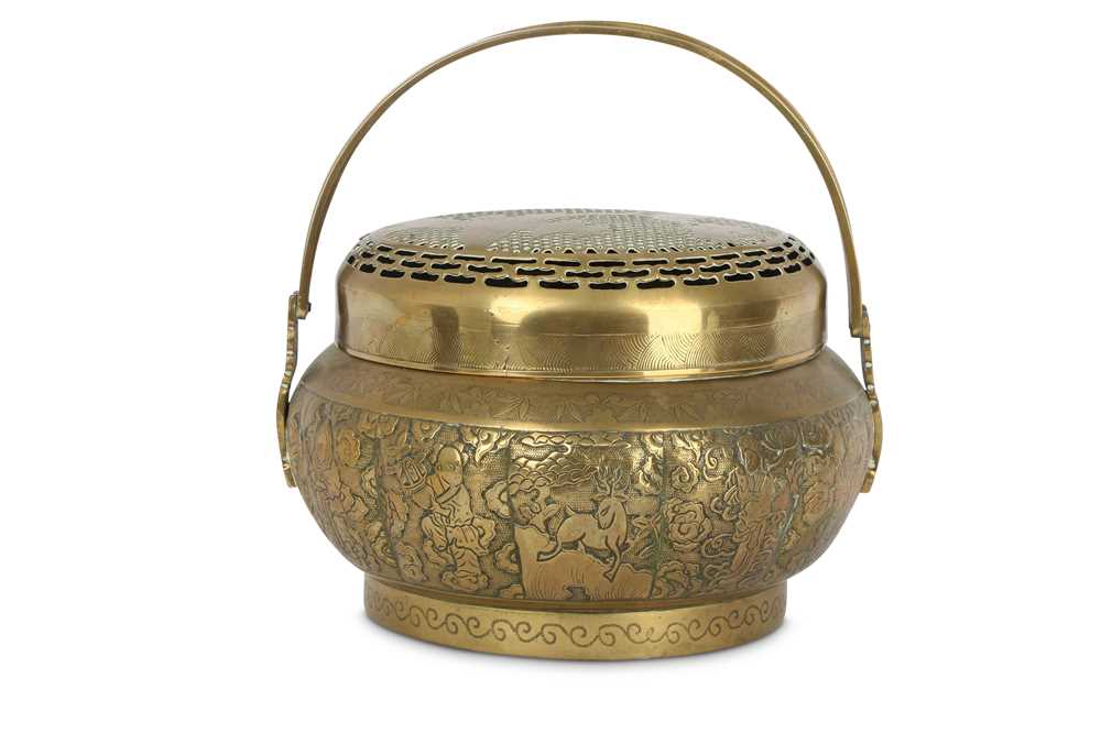 Lot 21 - A CHINESE BRONZE 'EIGHT IMMORTALS' HANDWARMER AND COVER.
