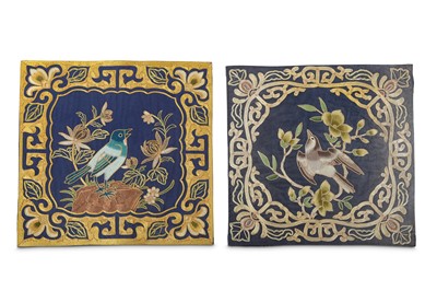 Lot 271 - A PAIR OF CHINESE EMBROIDERED 'BIRD' SILK PANELS.