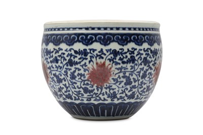 Lot 298 - A CHINESE BLUE AND WHITE AND UNDERGLAZE RED FISH BOWL.