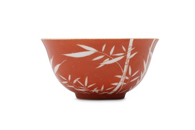 Lot 356 - A CHINESE CORAL-GROUND 'BAMBOO' BOWL.