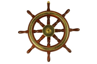 Lot 116 - A STAINED HARDWOOD AND BRASS EIGHT POINT SHIPS WHEEL, LATE 20TH CENTURY