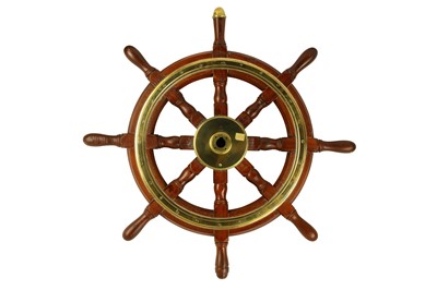 Lot 116 - A STAINED HARDWOOD AND BRASS EIGHT POINT SHIPS WHEEL, LATE 20TH CENTURY