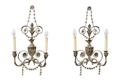 Lot 626 - A PAIR OF ADAM STYLE TWO BRANCH WALL SCONCES, LATE 20TH CENTURY