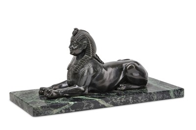 Lot 205 - A PATINATED SPELTER MODEL OF AN EGYPTIAN SPHINX, EARLY 20TH CENTURY
