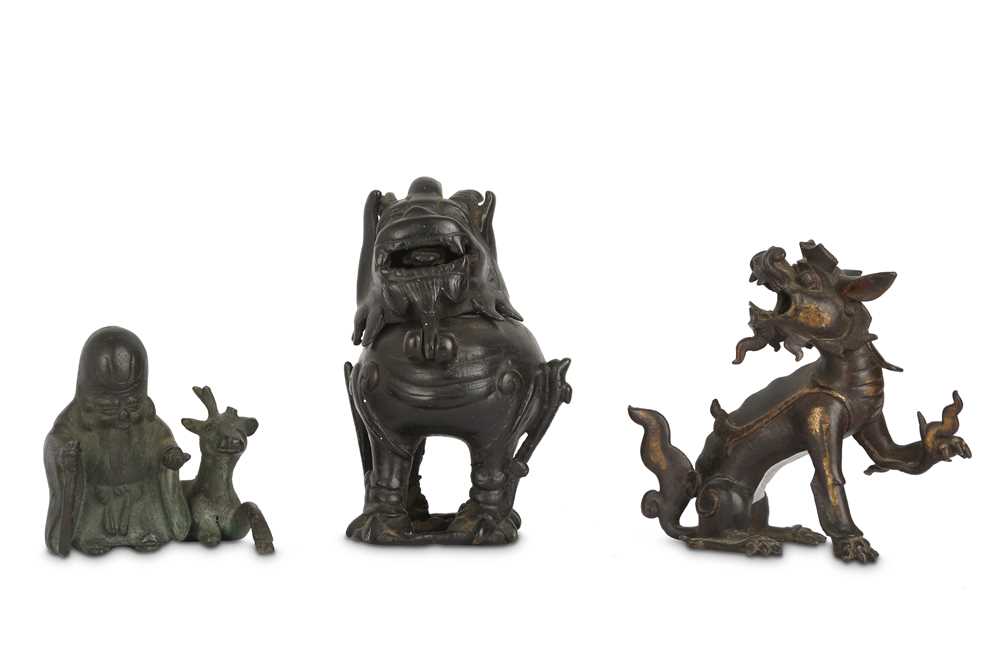 Lot 111 - A CHINESE BRONZE 'LUDUAN' INCENSE BURNER, TOGETHER WITH TWO OTHER BRONZES.