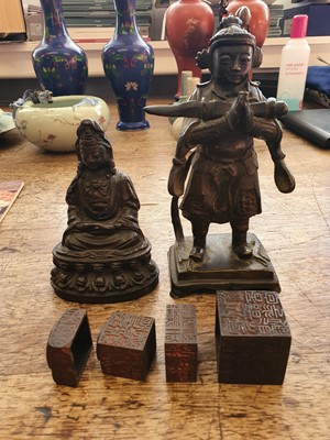 Lot 112 - TWO CHINESE BRONZE FIGURES AND A SEAL BOX.