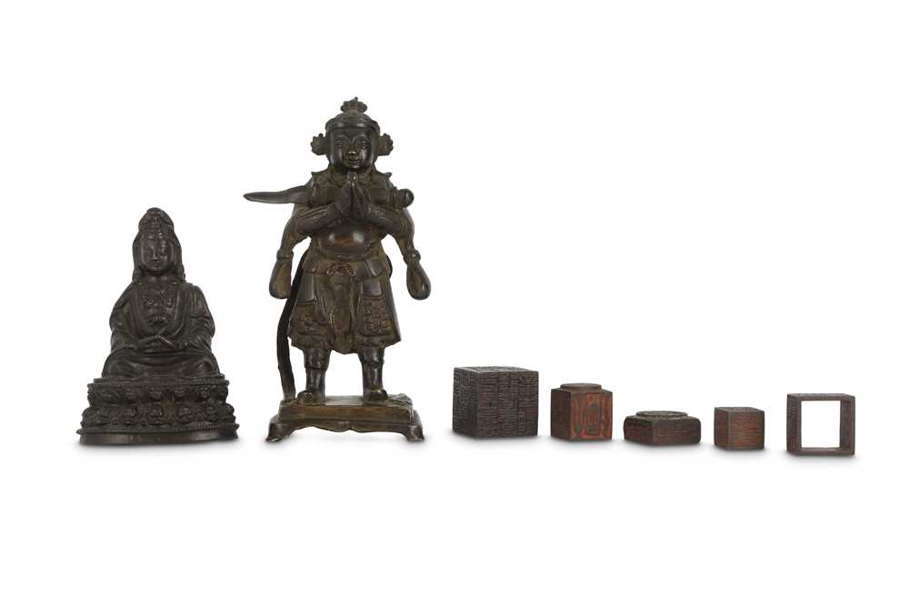 Lot 112 - TWO CHINESE BRONZE FIGURES AND A SEAL BOX.