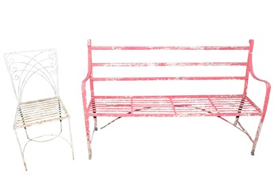 Lot 577 - A WROUGHT IRON RED AND WHITE PAINTED GARDEN BENCH,  19th CENTURY