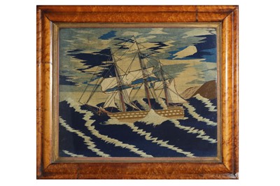 Lot 367 - A WOOLWORK PICTURE OF A FRIGATE IN A STORMY SEA,19TH CENTURY