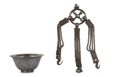 Lot 756 - A TIBETAN SILVER LADY'S BELT ORNAMENT AND A BUTTER LAMP.