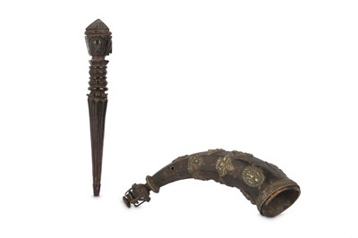 Lot 752 - A NEPALESE WOOD PHURBA AND A POWDER HORN.