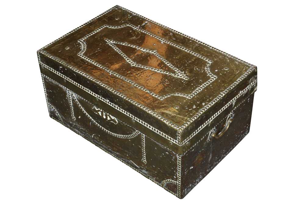 Lot 147 - A RECTANGULAR BRASS COVERED TRUNK, 20TH CENTURY