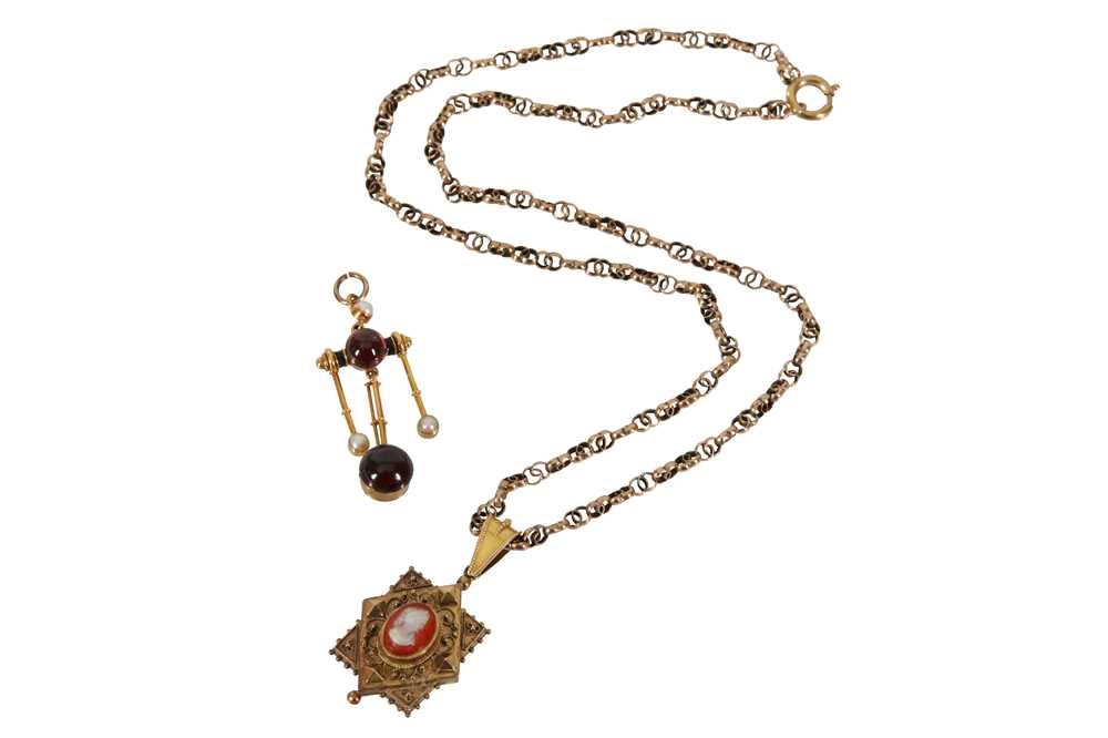 Lot 56 - A FANCY-LINK NECKLACE AND TWO 19TH CENTURY PENDANTS