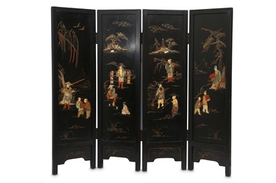 Lot 249 - A CHINESE LACQUER HARDSTONE-INSET FOUR-FOLD SCREEN.