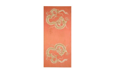 Lot 585 - A JAPANESE ORANGE-GROUND EMBROIDERED 'DRAGON' PANEL.