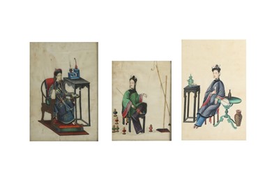Lot 451 - THREE CHINESE PITH PAPER PAINTINGS OF LADIES.