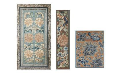 Lot 582 - THREE CHINESE EMBROIDERED 'BLOSSOMS' PANELS.