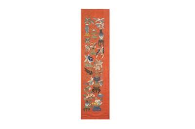Lot 586 - A CHINESE EMBROIDERED 'HUNDRED TREASURES' SILK PANEL.