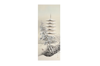 Lot 591 - A JAPANESE PAINTING OF A PAGODA.
