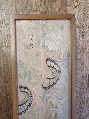 Lot 587 - A CHINESE EMBROIDERED SILK 'CRANES AND BUTTERFLIES' PANEL.