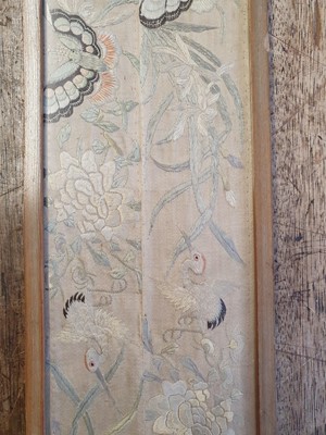 Lot 587 - A CHINESE EMBROIDERED SILK 'CRANES AND BUTTERFLIES' PANEL.