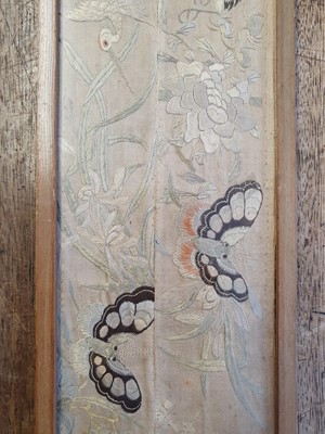 Lot 587 - A CHINESE EMBROIDERED SILK 'CRANES AND BUTTERFLIES' PANEL.