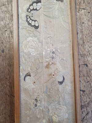 Lot 587 - A CHINESE EMBROIDERED SILK 'CRANES AND BUTTERFLIES' PANEL.