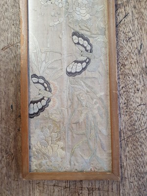 Lot 587 - A CHINESE EMBROIDERED SILK 'CRANES AND BUTTERFLIES' PANEL.