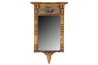 Lot 596 - AN EARLY 19TH CENTURY GILT PIER MIRROR, WITH A REVERSE PAINTED GLASS PANEL