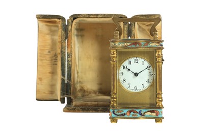 Lot 214 - A LATE 19TH CENTURY FRENCH GILT BRONZE AND CLOISONNE ENAMEL MINIATURE CARRIAGE CLOCK WITH CASE