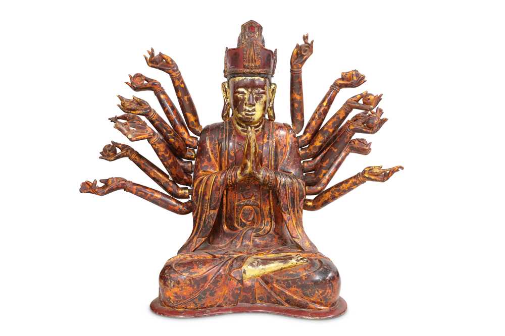 Lot 739 - A MASSIVE GILT-LACQUER FIGURE OF BODHISATTVA CUNDI.
