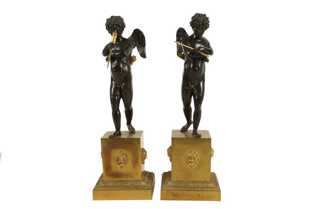 Lot 121 - MANNER OF CLAUDE  GALLE  (1759-1815): A FINE PAIR OF EARLY 19TH CENTURY EMPIRE PATINATED AND GILT BRONZE FIGURES OF CUPID