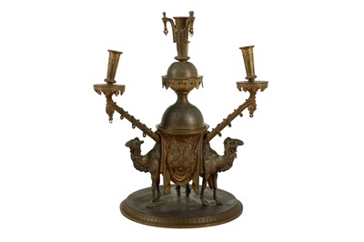 Lot 44 - A THIRD QUARTER 19TH CENTURY ENGLISH EGYPTIAN REVIVAL SILVER AND GILT BRONZE EPERGNE MODELLED WITH CAMEL