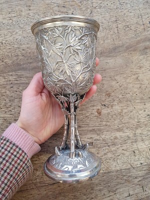 Lot 646 - A CHINESE SILVER 'BAMBOO' GOBLET BY LEE CHING.