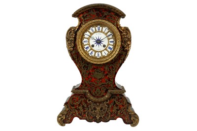 Lot 199 - A FRENCH BOULLEWORK AND EBONISED WOOD MANTEL CLOCK, 19TH CENTURY