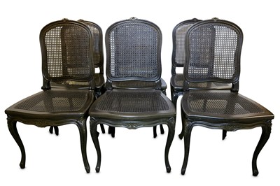 Lot 509 - A SET OF SIX FRENCH LOUIS XV STYLE BLACKENED OAK AND CANED DINING CHAIRS, LATE 20TH CENTURY