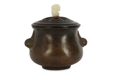 Lot 634 - A CHINESE BRONZE INCENSE BURNER AND COVER.