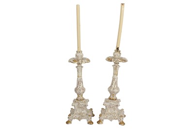 Lot 243 - A PAIR OF CONTINENTAL POTTERY CANDLESTICKS, LATE 19TH CENTURY
