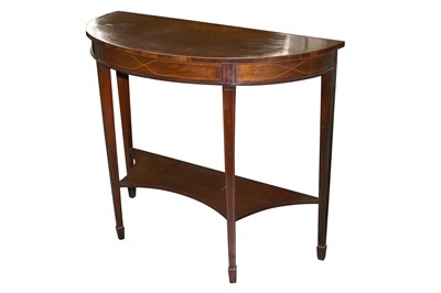 Lot 554 - AN EDWARDIAN SHERATON STYLE MARQUETRY INLAID MAHOGANY DEMI-LUNE CONSOLE TABLE
