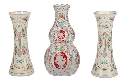 Lot 267 - A PAIR OF  WHITE OVERLAY GLASS WAISTED VASES, LATE 19TH/EARLY 20TH CENTURY