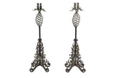Lot 602 - A PAIR OF WROUGHT IRON CANDLESTICKS,POSSIBLY SPANISH/PORTUGESE, LATE 19TH CENTURY