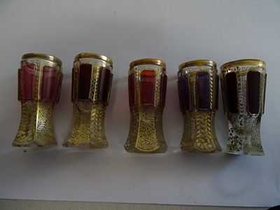 Lot 277 - A COLLECTION OF FIVE SMALL HEXAGONAL GILT AND OVERLAY GLASS DRINKING GLASSES, LATE 19TH/EARLY 20TH CENTURY