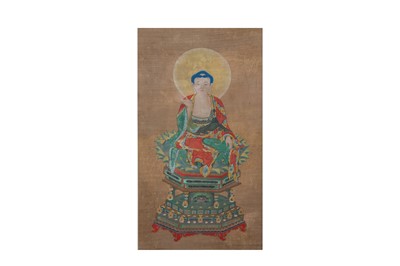 Lot 232 - A CHINESE HANGING SCROLL PAINTING OF A BUDDHA.