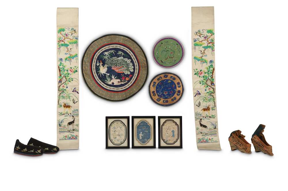 Lot 588 - A SMALL COLLECTION OF CHINESE EMBROIDERED TEXTILES.