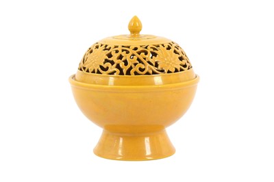 Lot 1042 - A CHINESE YELLOW-GLAZED INCENSE BURNER AND COVER.