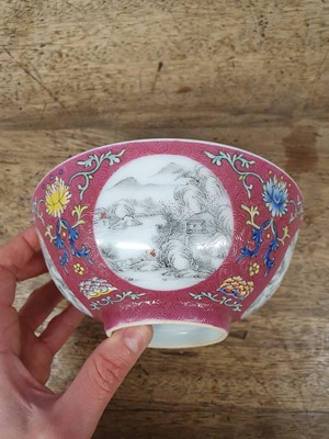 Lot 679 - A CHINESE FAMILLE ROSE RUBY-GROUND MEDALION BOWL.