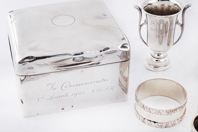 Lot 291 - A mixed group of sterling silver including a George V cigarette box, Birmingham 1921 by A. J. Zimmerman
