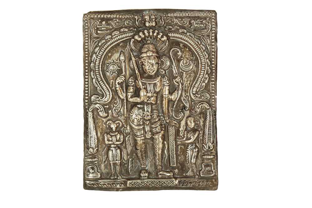 Lot 224 - A DEVOTIONAL SILVER REPOUSSÉ PLAQUE OF VIRABHADRA
