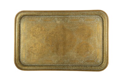 Lot 252 - A LARGE ENGRAVED BRASS TRAY WITH FIGURAL DECORATION